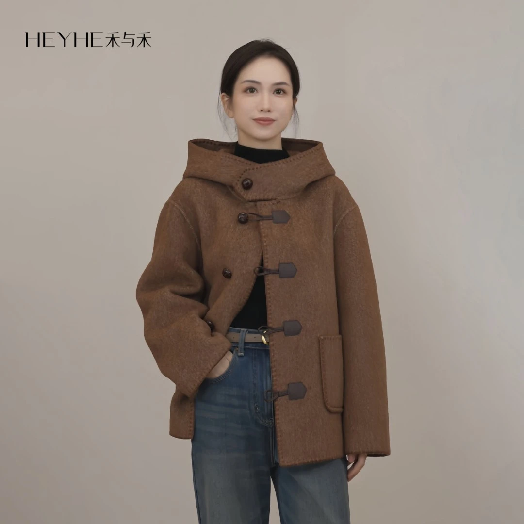 小禾【糖炒栗子】羊驼毛绵羊毛超细软亲肤连帽休闲中长款毛呢大衣