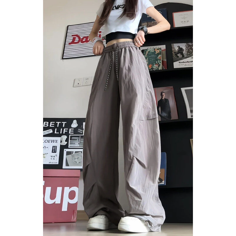 褶皱冰丝裤子男夏季薄款速干伞兵裤美式高街情侣休闲裤直筒长裤潮