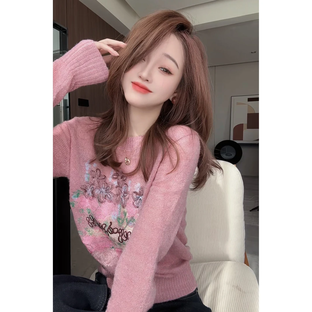 【CHEN】洋气设计感刺绣羊驼毛上衣时尚气质针织打底衫24111101