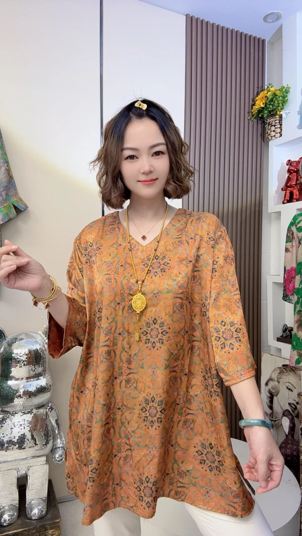 【宝相花3892】新中式夏季时尚百搭V领宽松中袖上衣{非定位花}