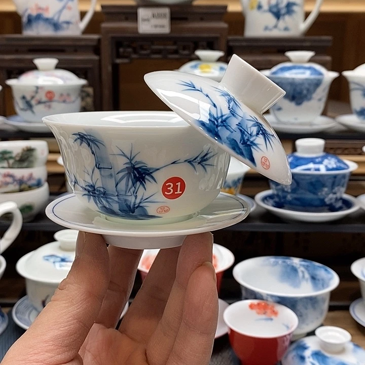 手绘微瑕竹子盖碗