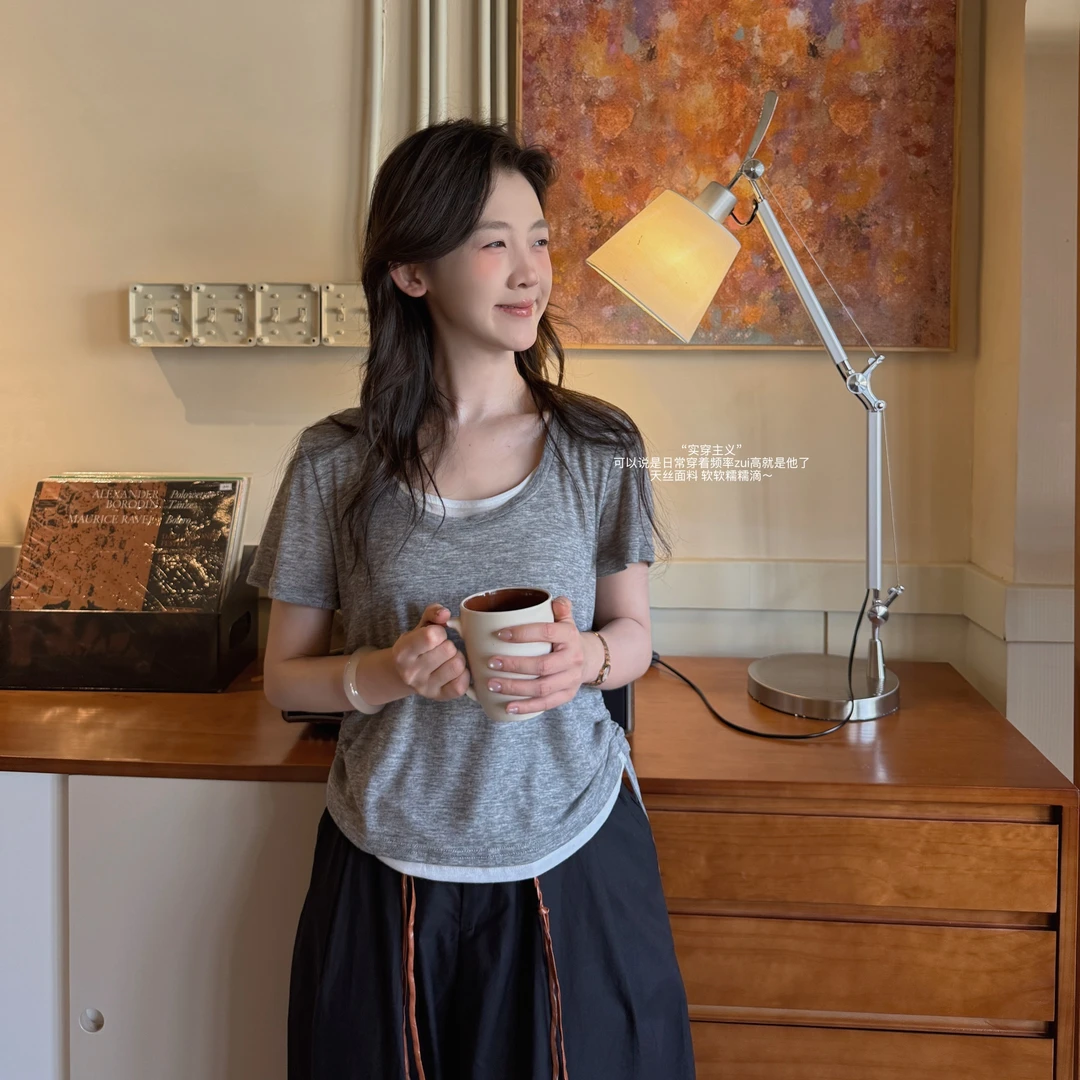 【闵笑一】晨雾 小众设计夏季新款简约圆领拼接假两件T恤女上衣