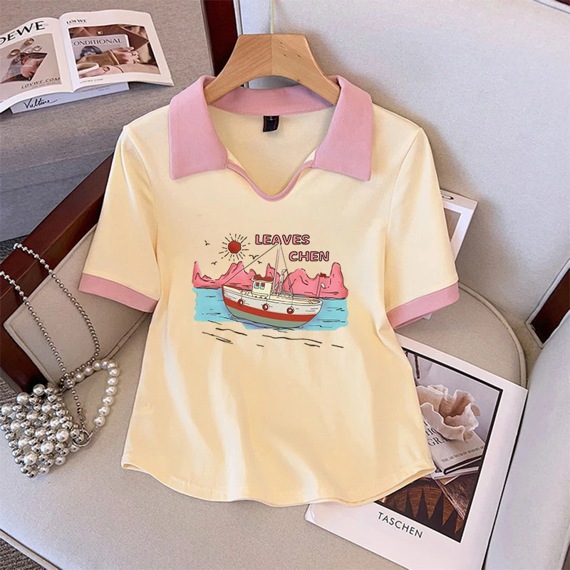 大码胖mm200斤小众撞色设计感polo衫短袖女夏季修身遮肉显瘦t恤衫