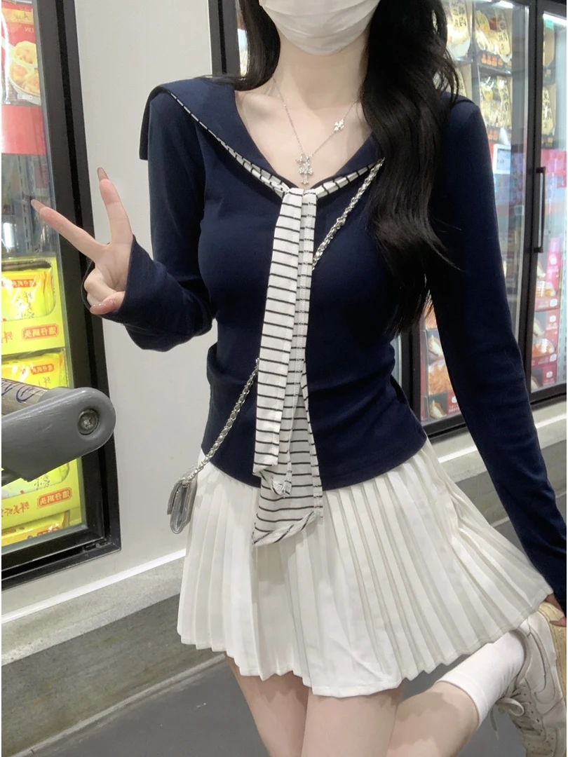 【现货24h+运补4-6】藏青色海军领长袖T恤女2025秋季新款显瘦上衣女