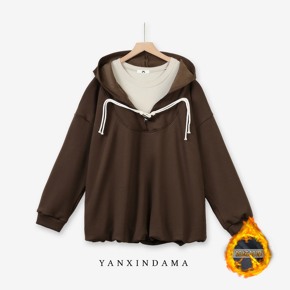 【岩心】大码女装300斤胖MM时尚撞色简约设计感拼接假两件卫衣10242