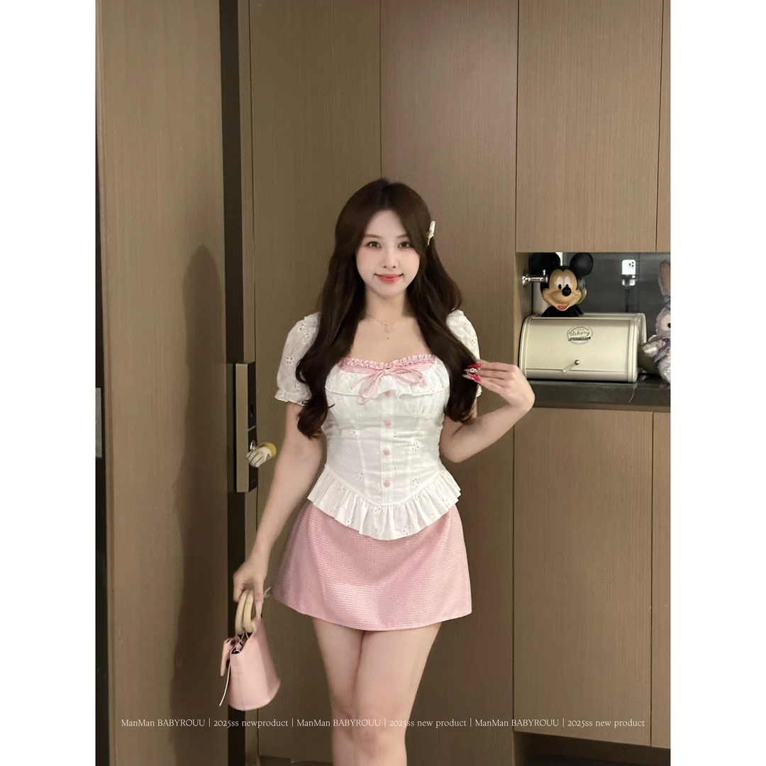 温与柔蔓蔓【现货】【草莓甜园】夏季新款假两件设计少女感穿搭两件套