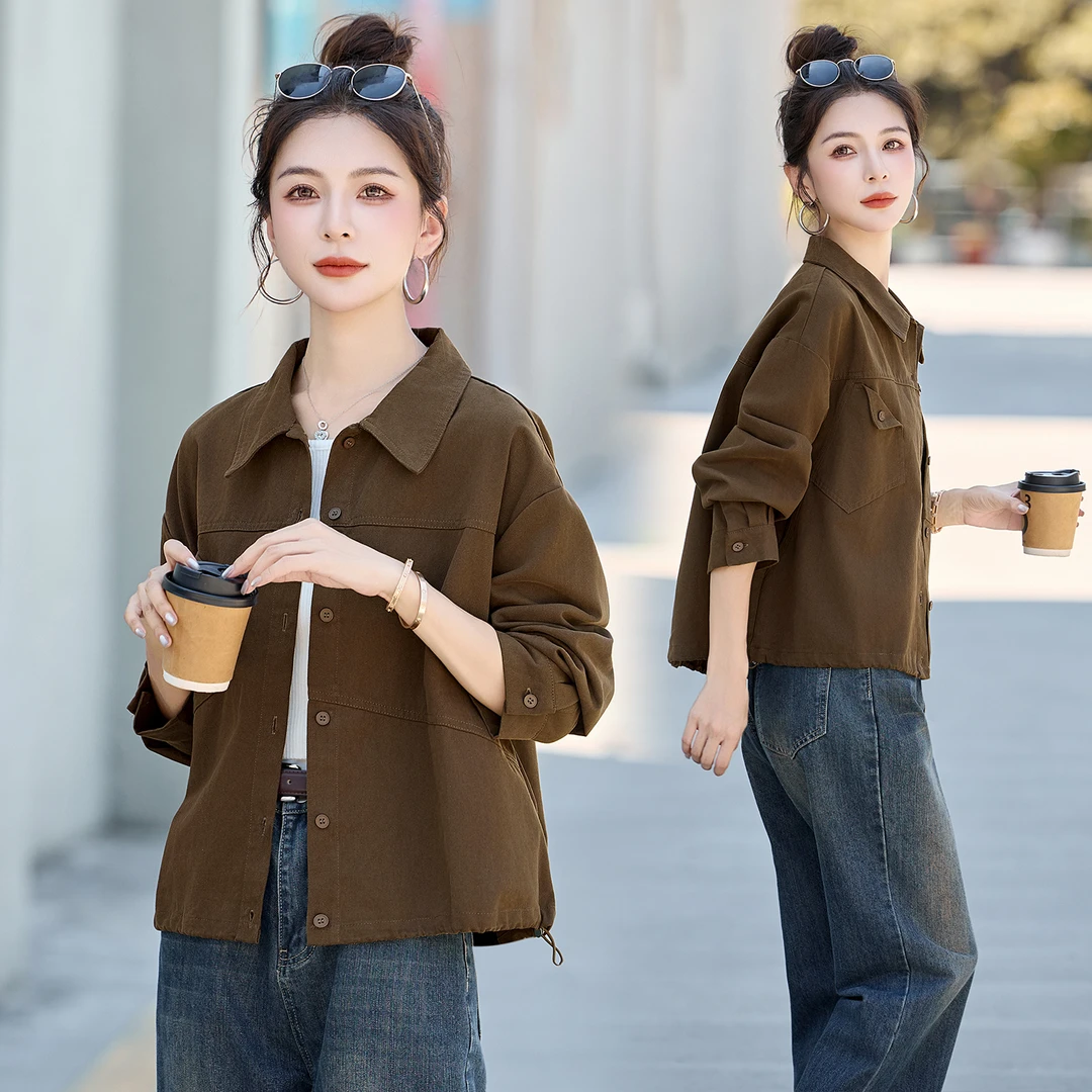 翻领休闲外套女秋款2025新款时尚洋气美拉德复古宽松短款百搭上衣