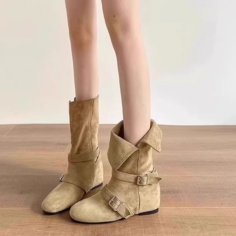 炸街爆款复古皮带扣中筒靴女2025新款显瘦百搭西部靴增高马丁靴