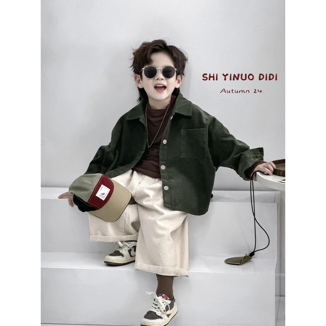 牛仔洋气宽松儿童套装2025新款灯芯绒衬衫外套秋冬长裤两件套宝宝