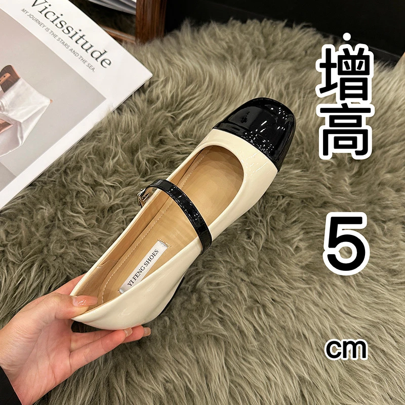 小香风一字带浅口平底单鞋女2025新款方头黑白漆皮内增高玛丽珍鞋
