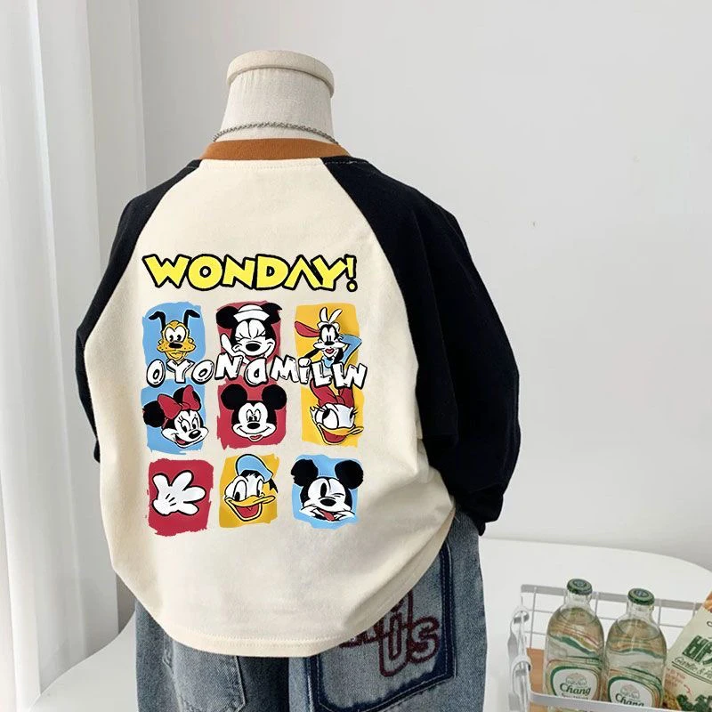 儿童春秋季新款纯棉长袖T恤中小童卡通米奇上衣男女童宝宝打底衫t