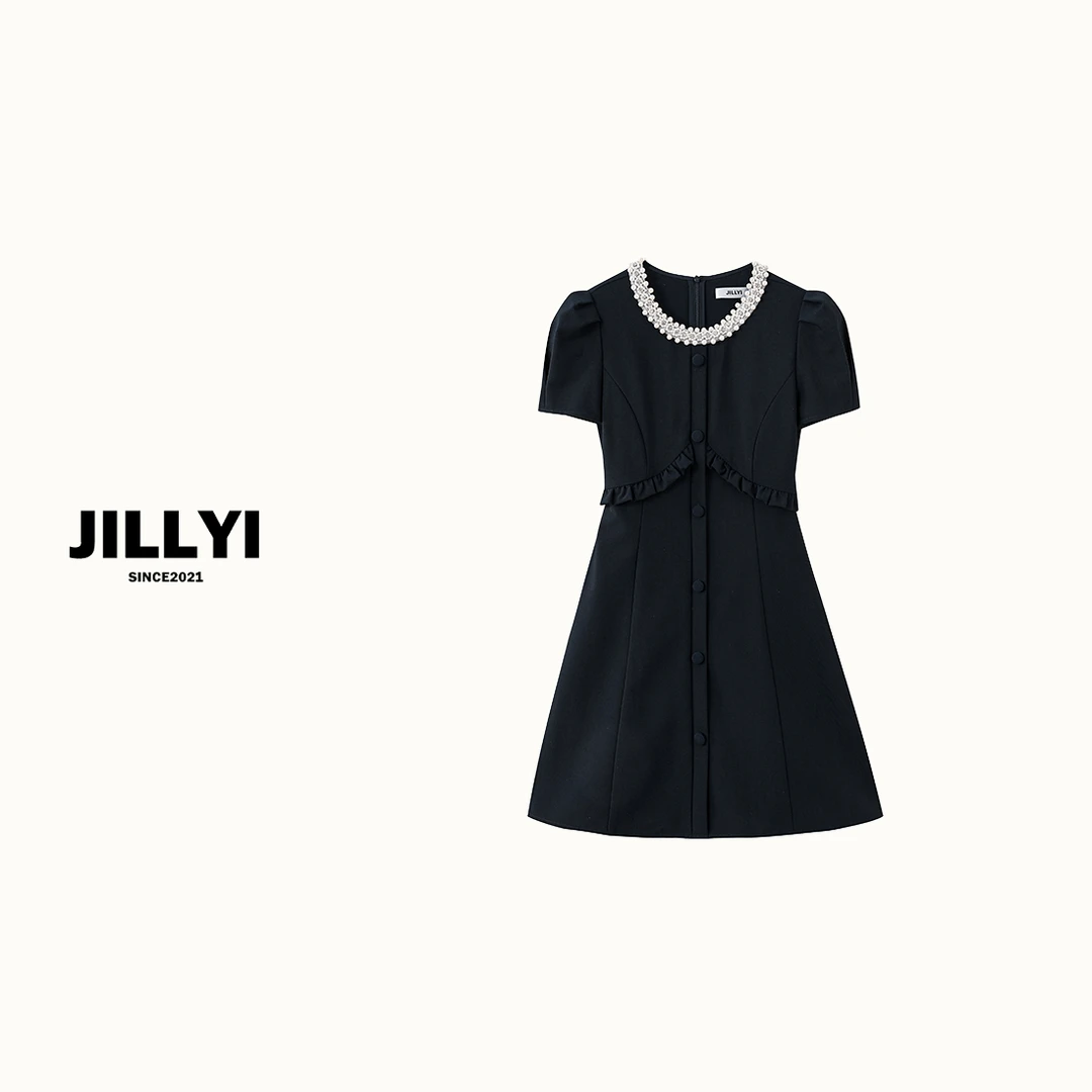 JILLYI南山店【南法小调】夏季超贵气的纯色钻石领圈气质收腰显瘦连