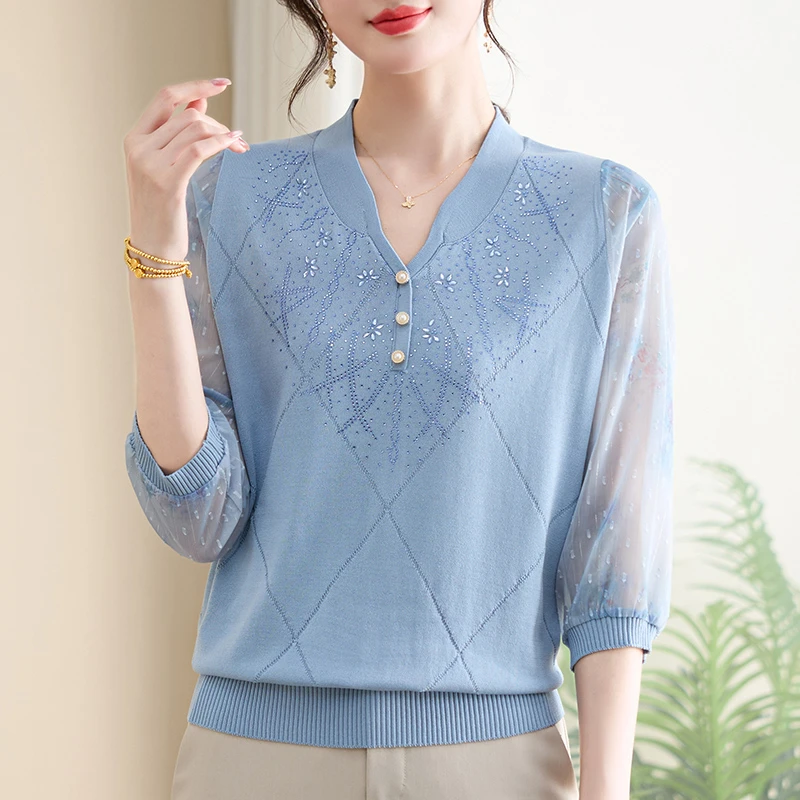 妈妈春装新款纱袖薄针织打底小衫中老年女春夏七分袖T恤洋气2523