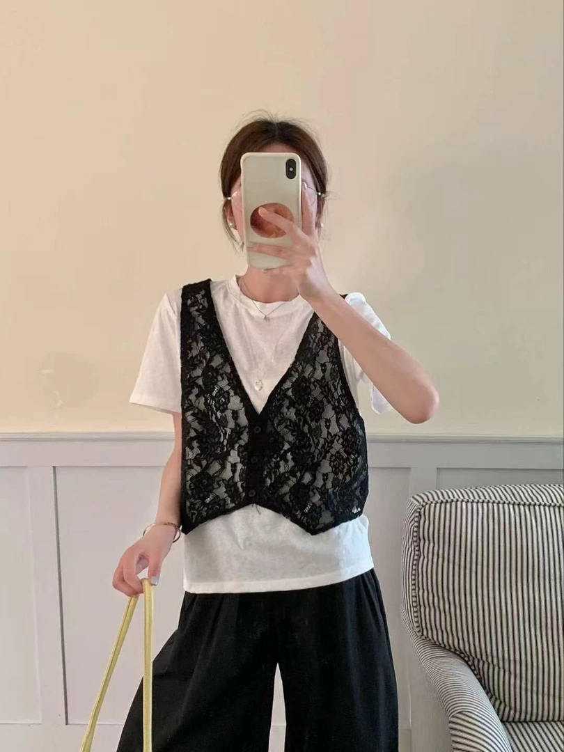 【肉总】拼接圆领蕾丝马甲设计感假两件上衣3330