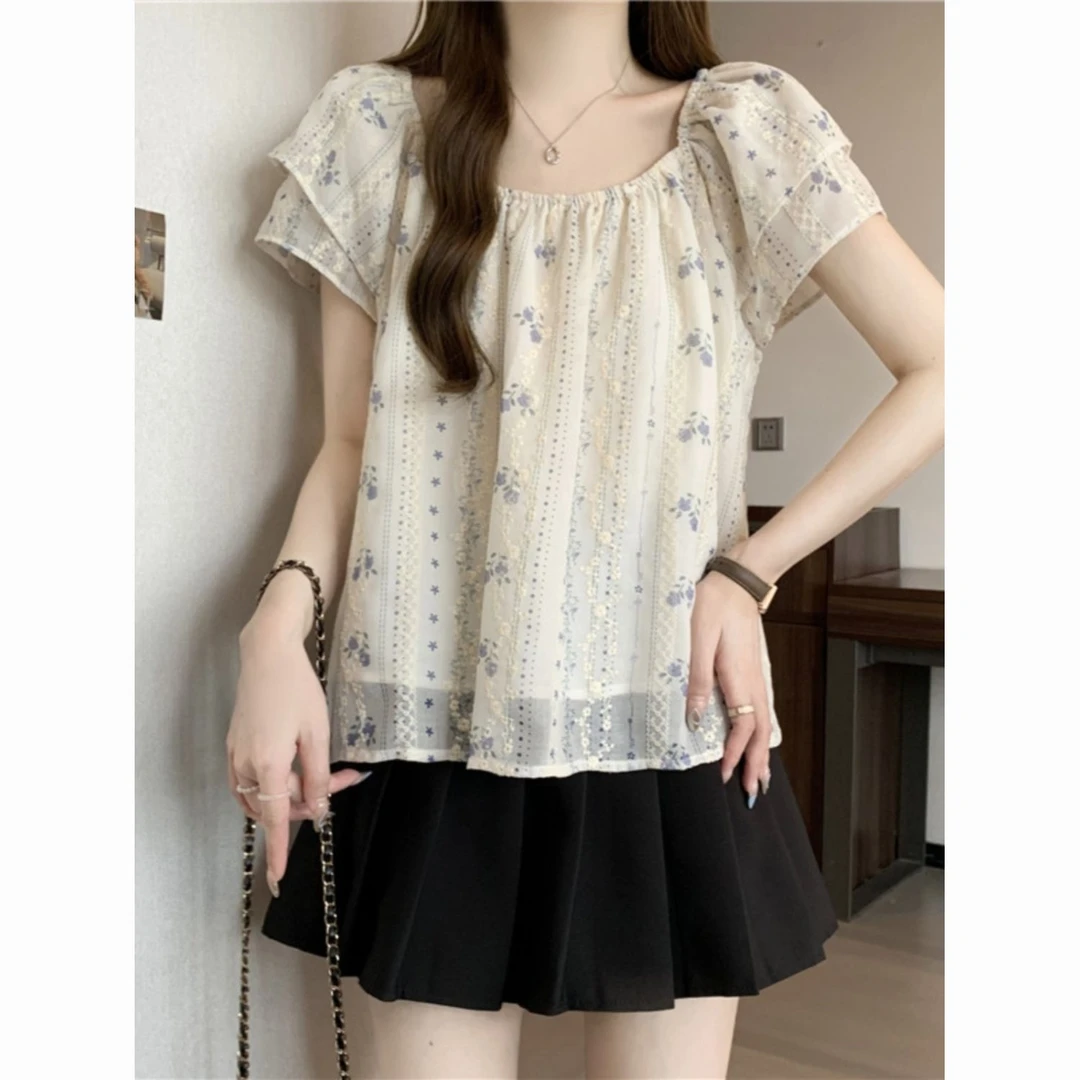遮肉碎花刺绣T恤衫小衫短袖女夏季大码胖mm小蕾丝娃娃衫百搭上衣