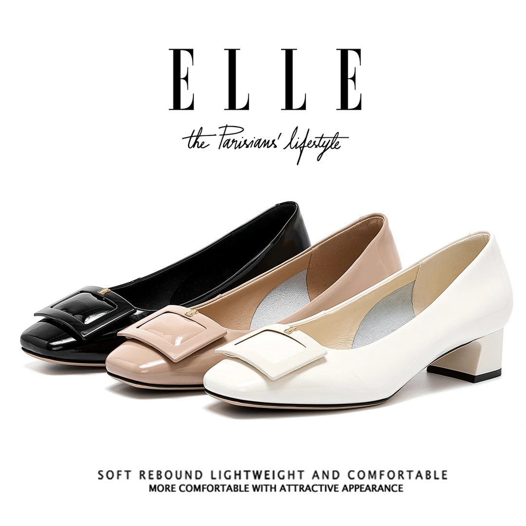 ELLE粗跟小方头浅口单鞋女气质妈妈鞋中跟职业工作鞋法式高跟鞋子