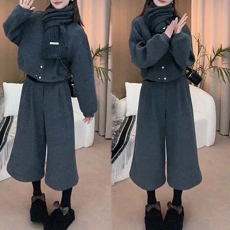 时尚套装女冬季新款洋气显瘦加厚毛呢夹棉保暖短外套阔腿裤两件套