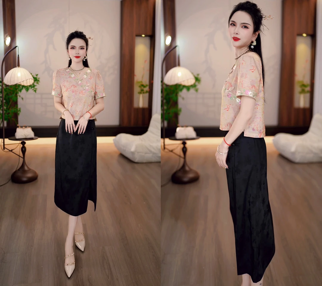 2025夏季新中式立体刺绣V领粉色小衫+黑色暗纹半裙两件套M-4XL