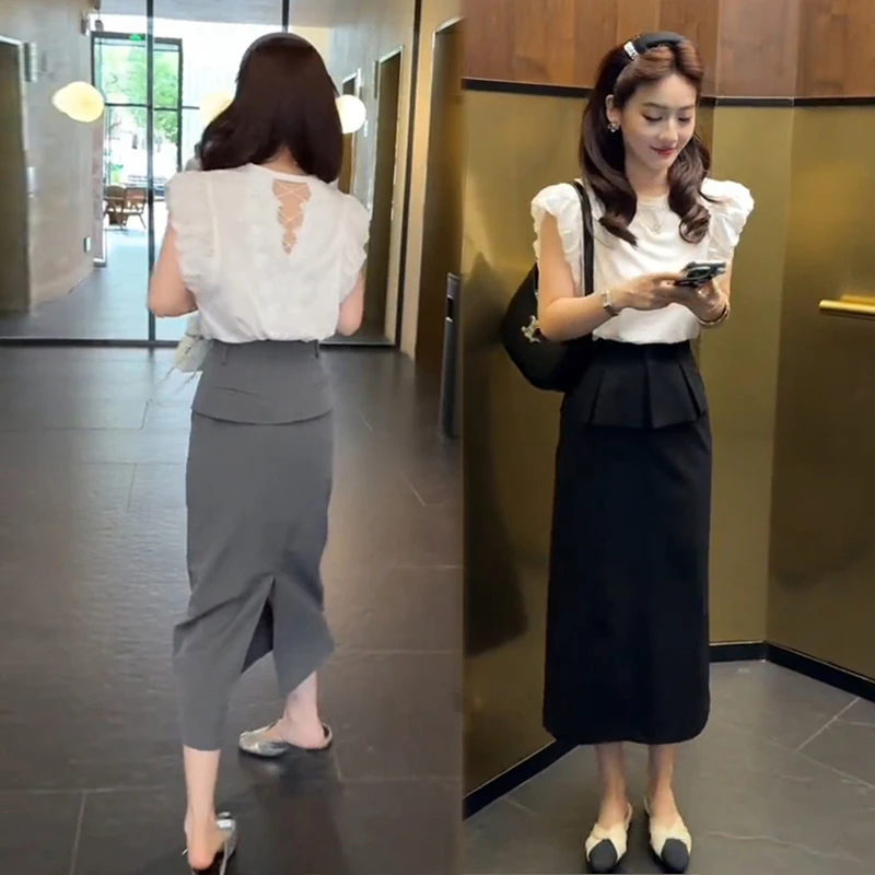 韩系气质半身裙两件套女夏季新款蕾丝拼接短袖上衣拼接高腰直筒裙