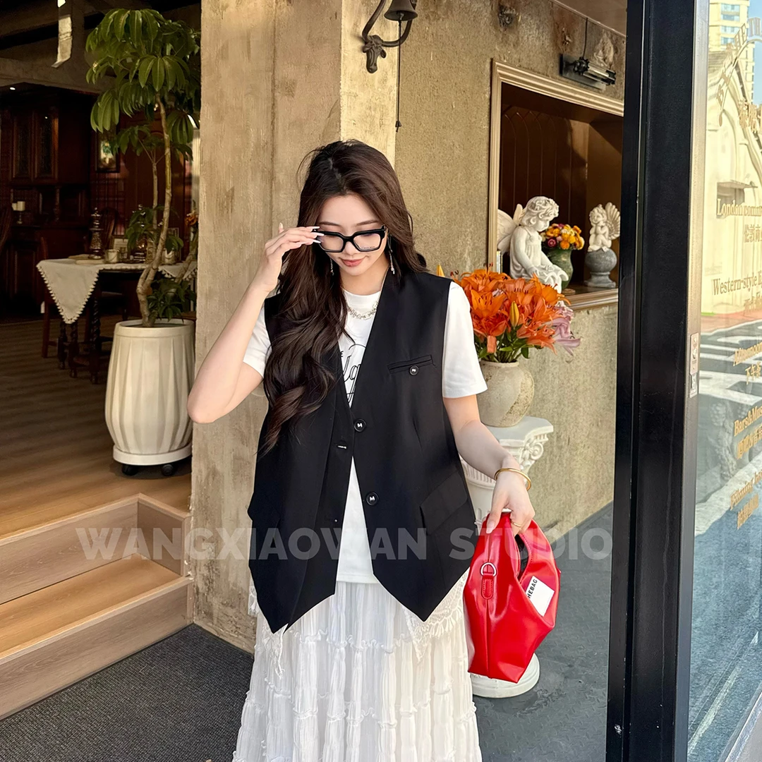 高级设计感假两件蕾丝拼接西装马甲外套女2025秋季新款气质背心潮