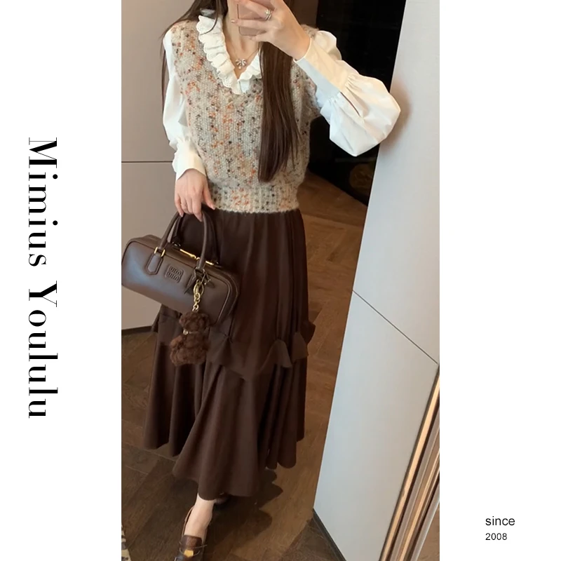 【mimius】&游鹿鹿 假两件文艺V领针织上衣+抽褶半身裙套装 F10001