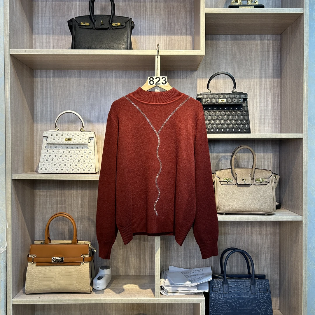 823【大牌女装】-红色秋冬定制中高领镶钻休闲百搭宽松上衣