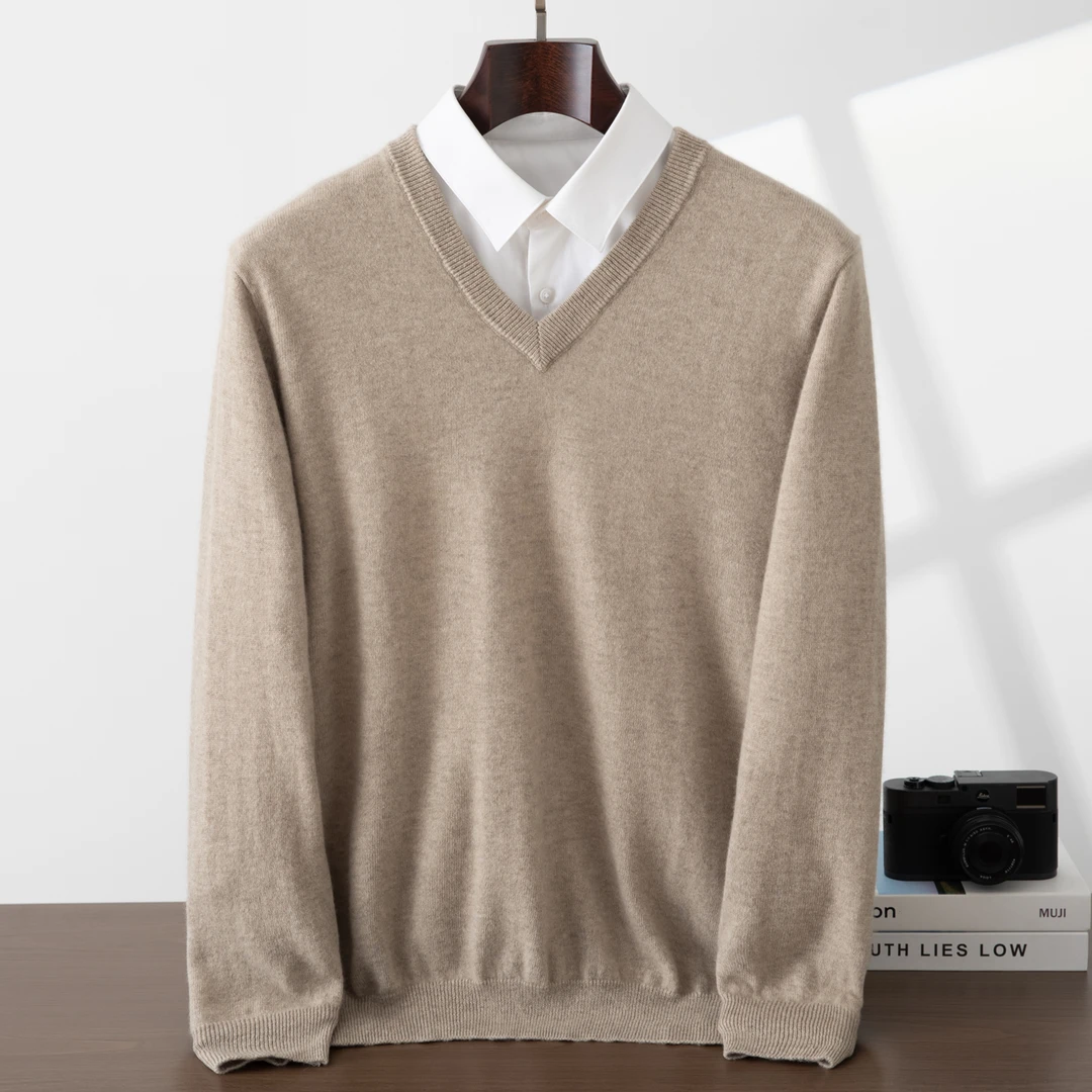 秋冬款纯山羊绒男士V领套头毛衣冬季百搭纯色宽松打底针织衫15H