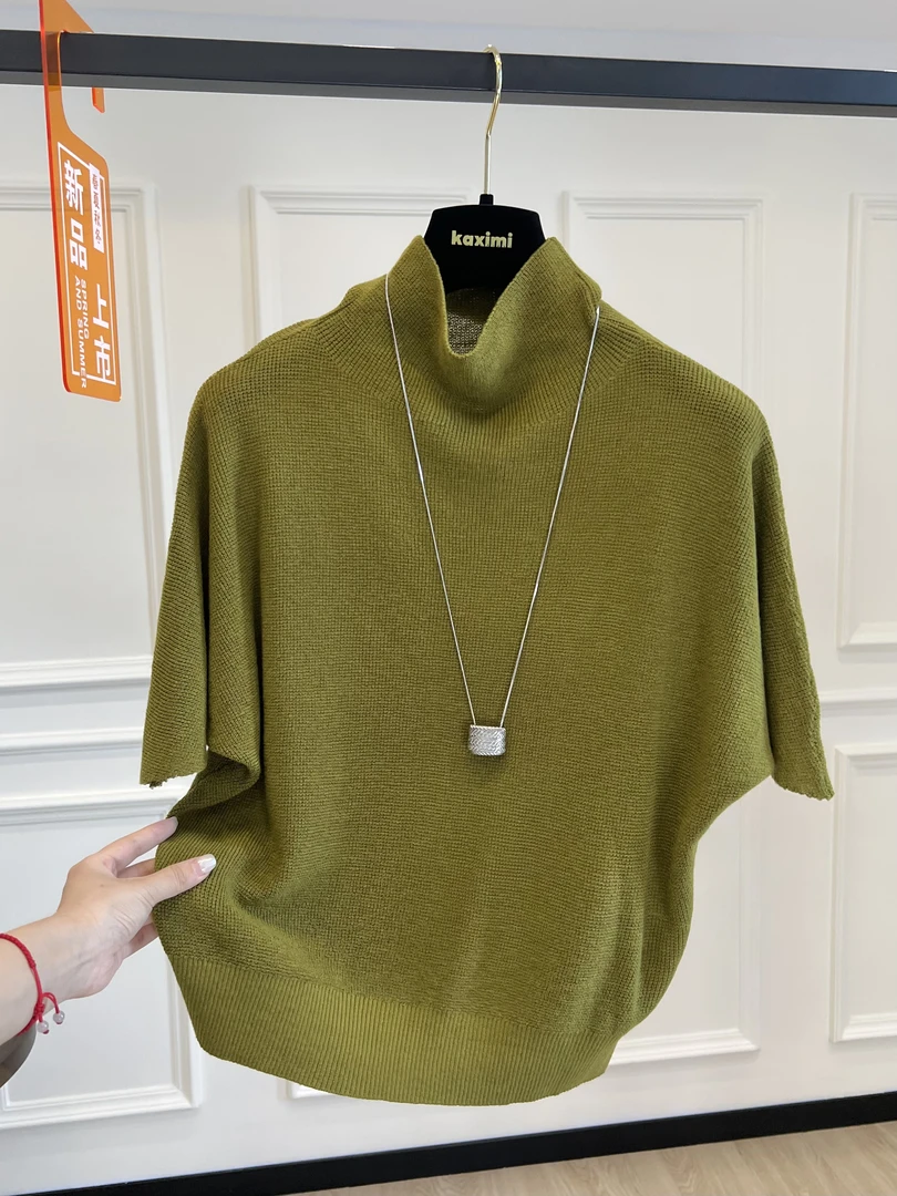 高端欧货秋季新款时尚半高领针织T恤宽松蝙蝠袖套头气质毛针织衫