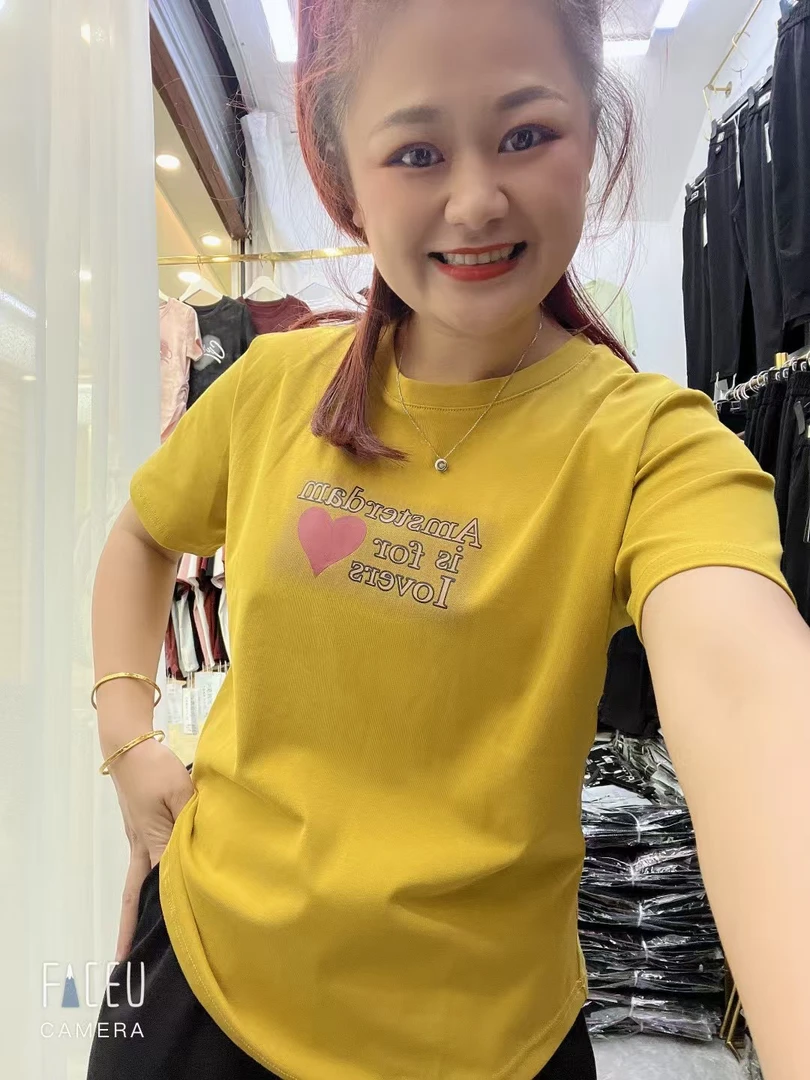 8801#弯角大版短袖女士半袖字母抗皱常规T恤圆领重工潮流套头休闲