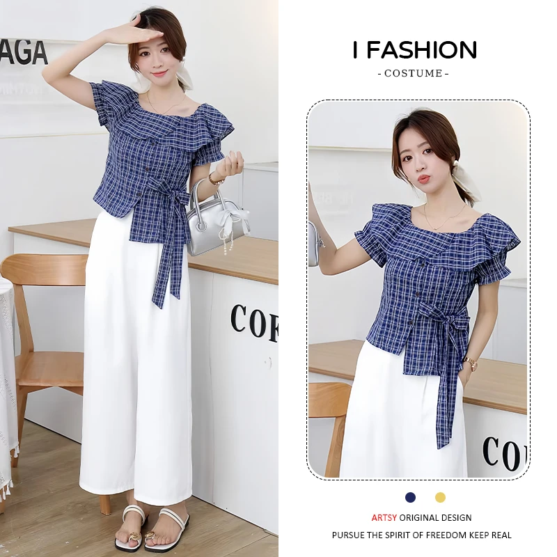 时尚度假风套装女2026夏季新款减龄气质方领系带上衣阔腿裤两件套