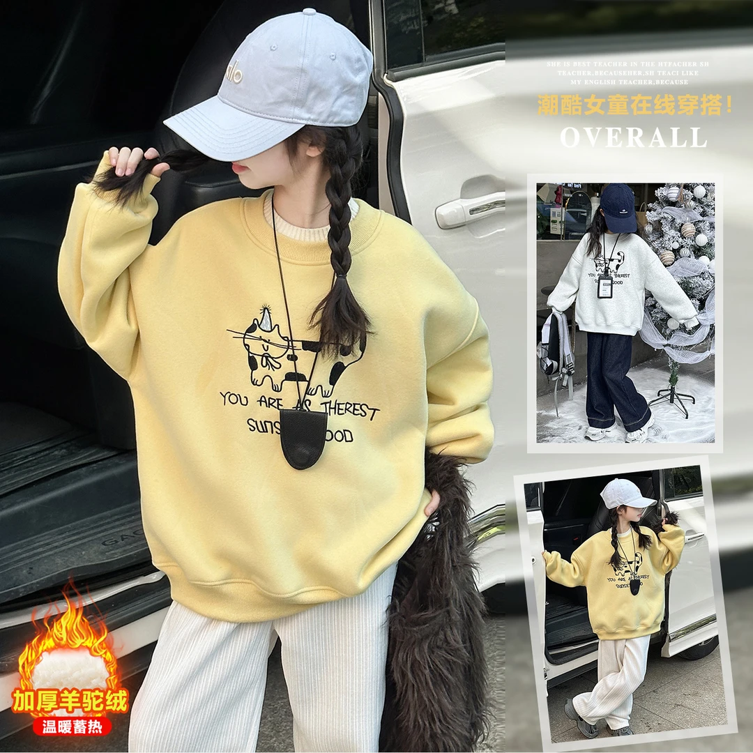 女童秋冬新款甜美奶牛猫加绒卫衣中大童女孩洋气假两件上衣9-15岁