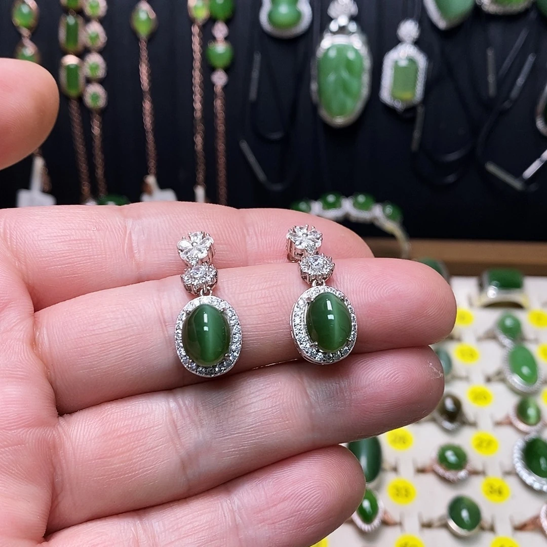 和田玉（碧玉）银S925镶嵌耳饰