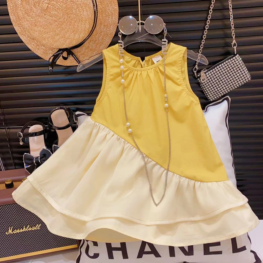 女童街拍风不规则撞色拼接洋气公主背心裙装EQZ614