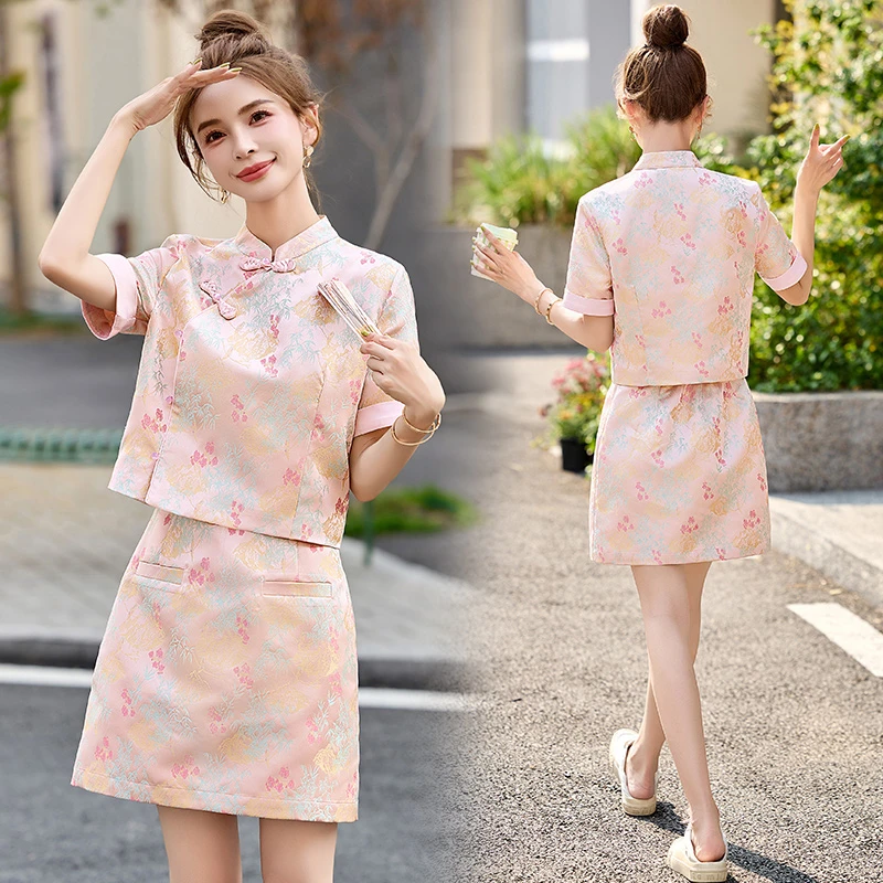 新中式国风提花套装裙女2025夏季新款复古盘扣小个子短裙两件套潮