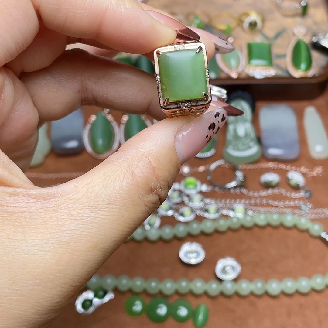 和田玉（碧玉）银S925镶嵌吊坠(不含链)戒指