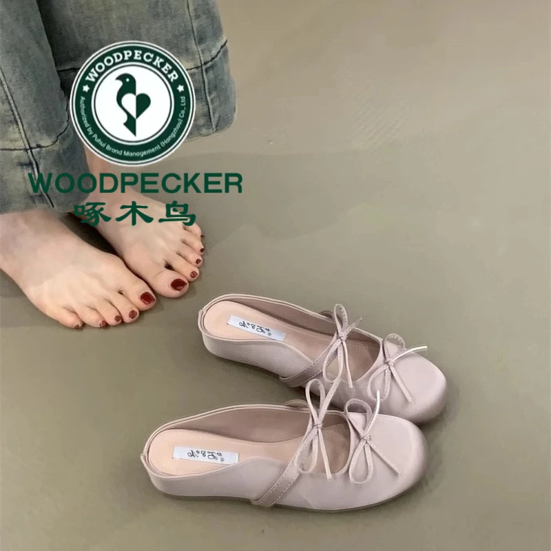 啄木鸟温柔仙女风半拖鞋2025法式小个子内增高蝴蝶结包头玛丽珍鞋
