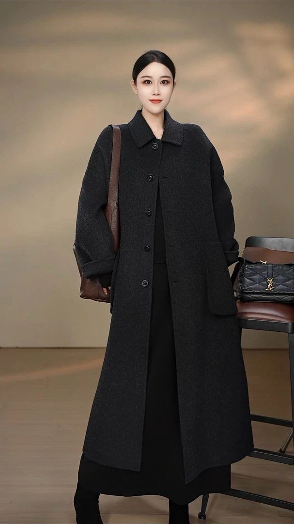 高定款欧版斗篷大衣宽松绵羊毛立体大口袋长款轻奢大衣24930