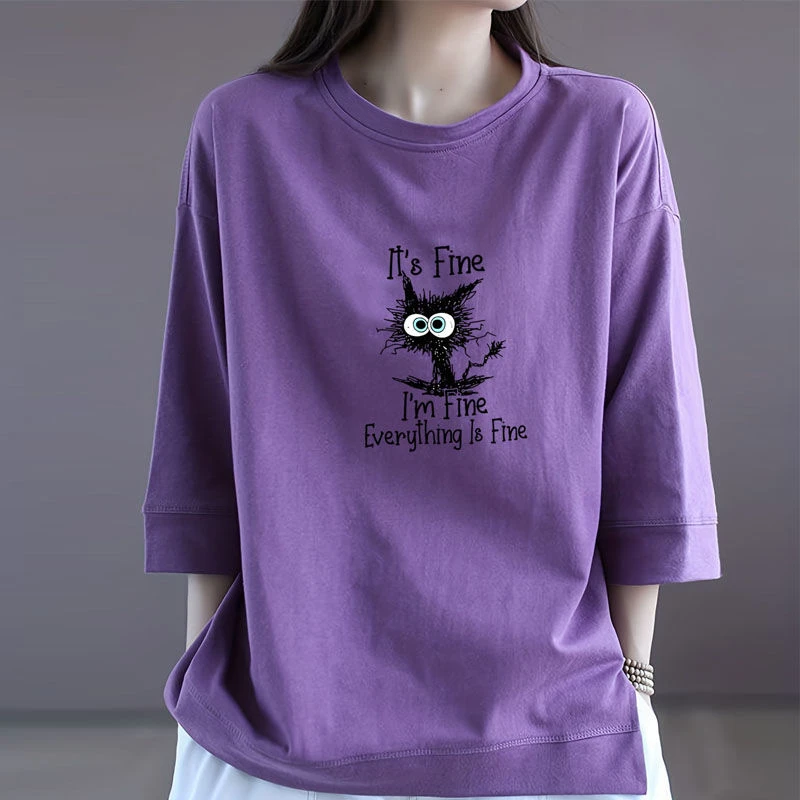 夏季薄款宽松圆领纯棉套头七分袖T恤衫减龄字母印花显瘦休闲上衣