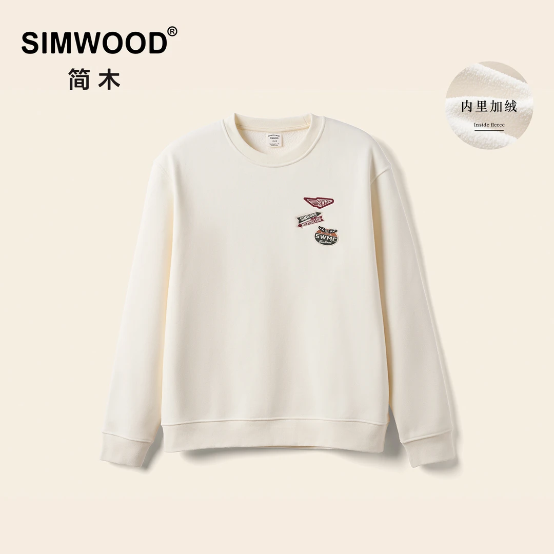 SIMWOOD/简木【宽松版】机车logo徽章刺绣加绒圆领卫衣男S21250687