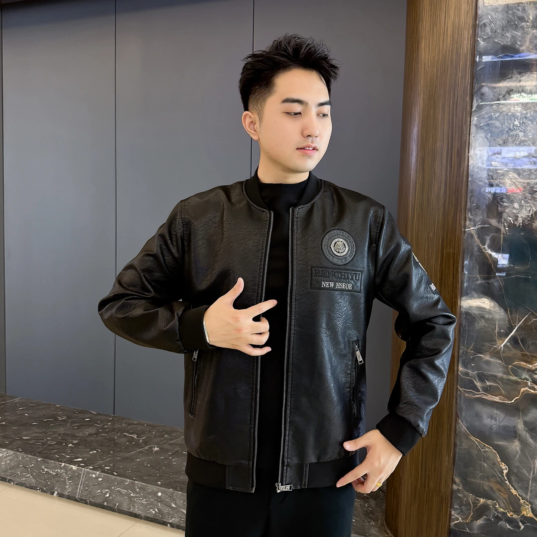 秋季立领重工刺绣黑色男士皮夹克时尚休闲潮流百搭修身男款棒球领