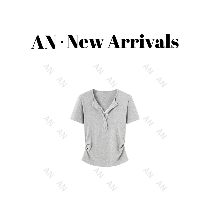 C02276春季新款ins风显瘦纯欲小众设计感拼接抽褶蕾丝T恤