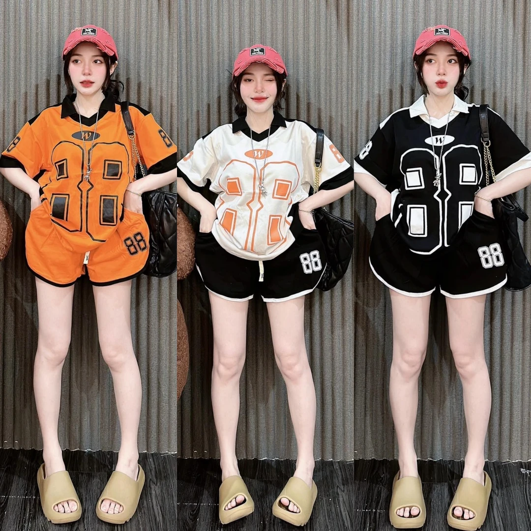 美式时尚套装女2024夏季跨境宽松撞色polo领短袖短裤夏装休闲印花
