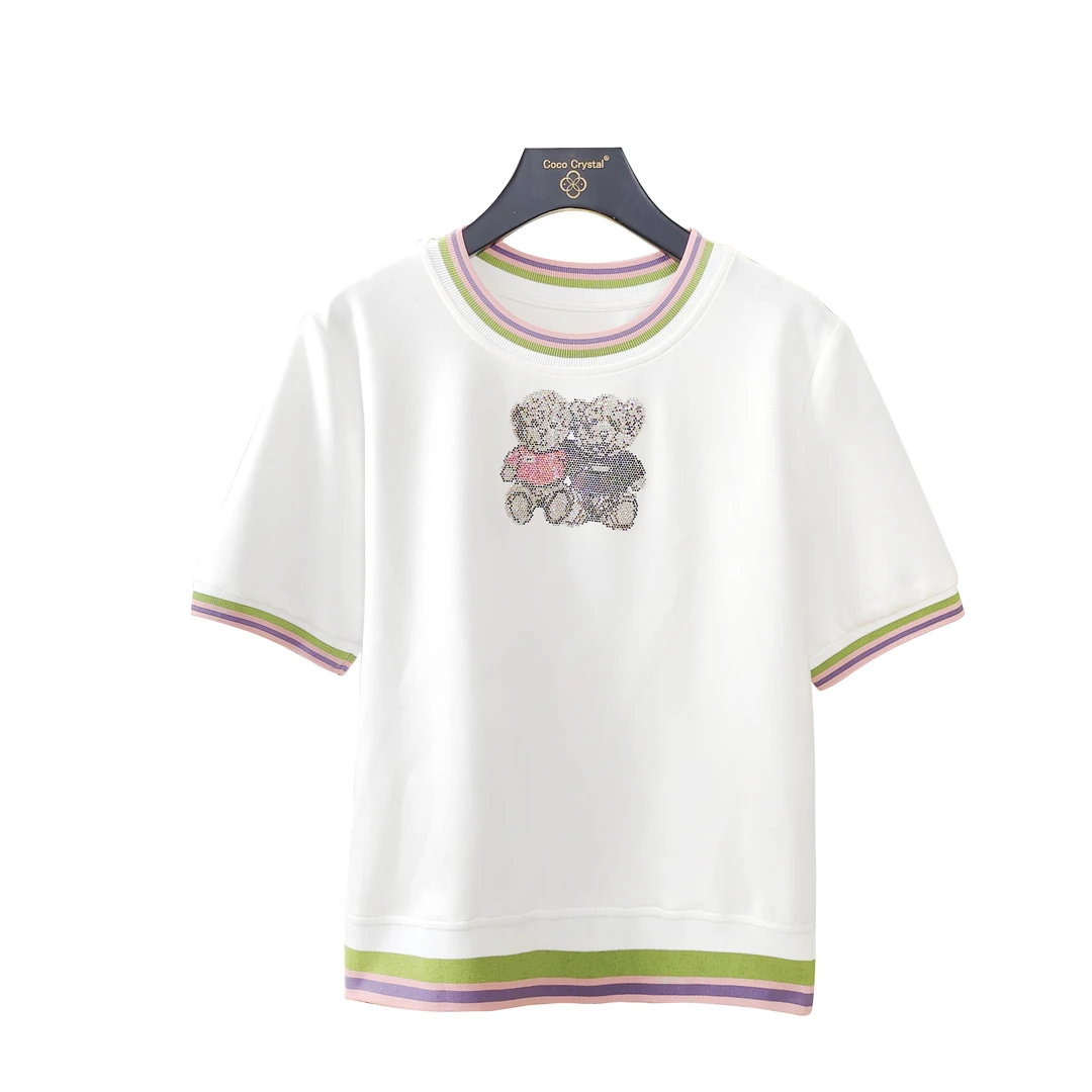 双小熊图案圆领短袖T恤女-白色