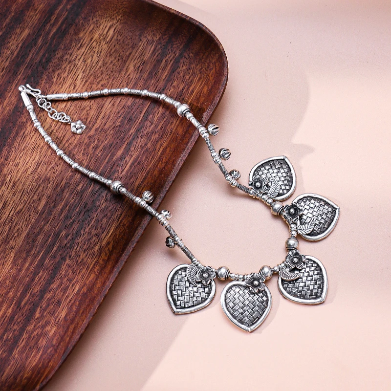 925银银制品 复古做旧古风纯手工时尚气质小众百搭爱心编织项链