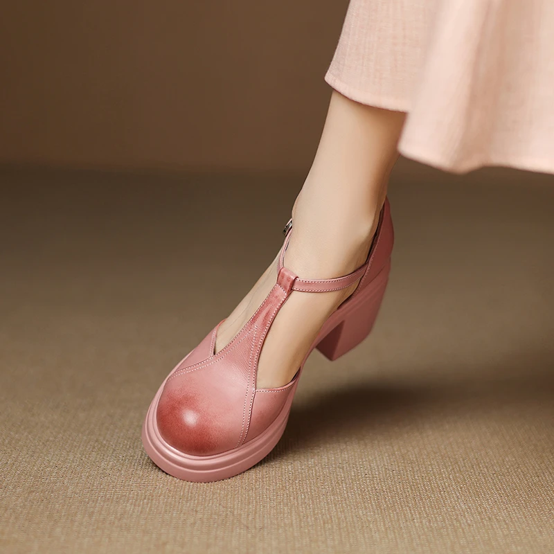 夏季新款包头凉鞋女配裙子7cm粗跟中空单鞋真皮圆头防水台高跟鞋