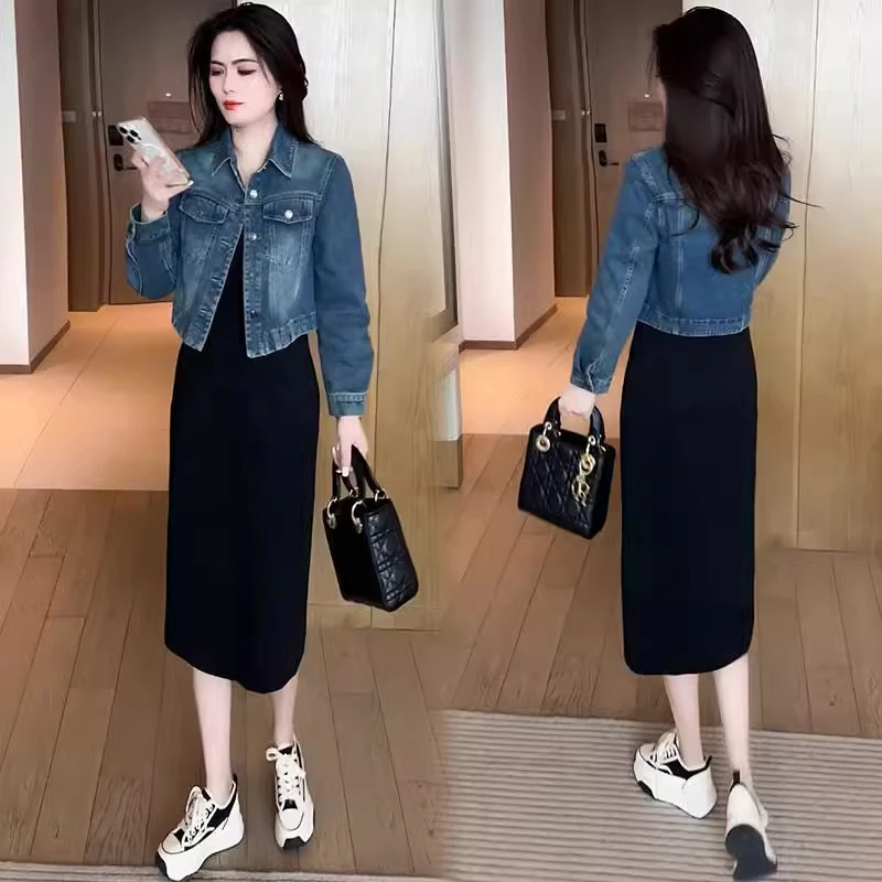 【有间】 时尚短外套女春季新款显瘦牛仔上衣搭配吊带连衣裙两件套