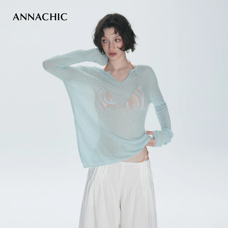 ANNACHIC夏日松弛感_蓝色薄款针织罩衫女慵懒风宽松显瘦防晒上衣