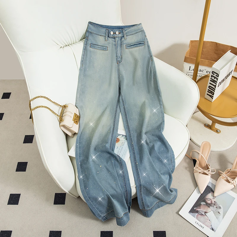 莱塞尔天丝烫钻高腰阔腿微喇牛仔裤女夏季新款修身宽松显瘦裤9823