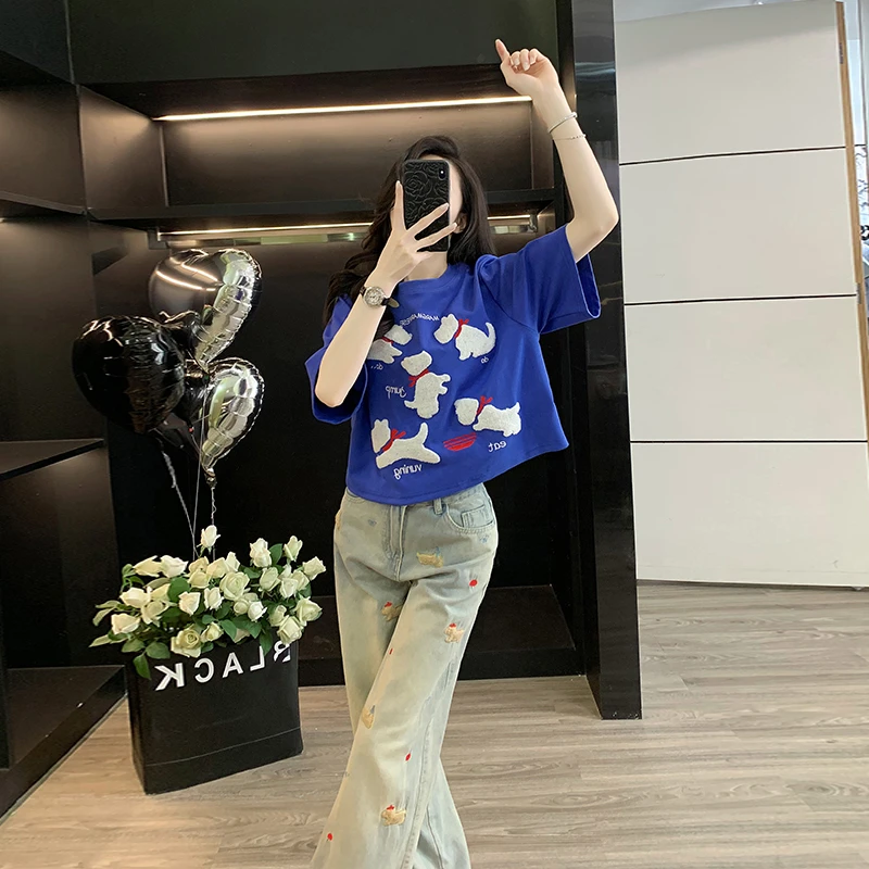 美式植绒卡通小狗圆领短袖t恤女美式复古卡通小狗刺绣高腰牛仔裤