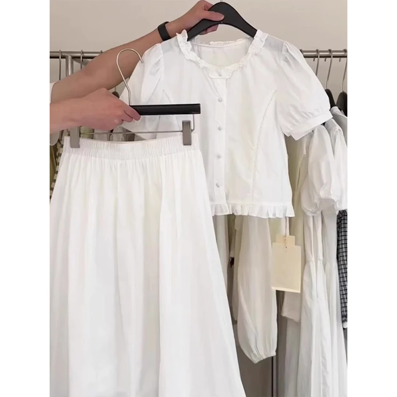 韩系穿搭学院风超好看气质高级感白色衬衫半身裙两件休闲套装女夏